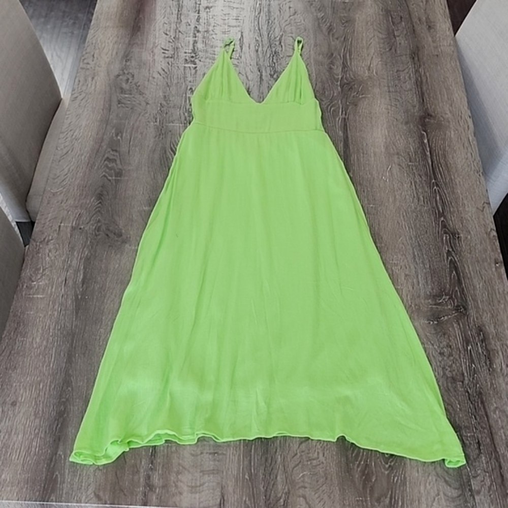 Know One Cares Plunging Neck Shirred Back Midi Dress in Neon Green Small